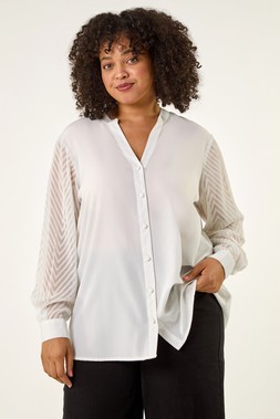 Roman Curve Ivory V-Neck Button Blouse
