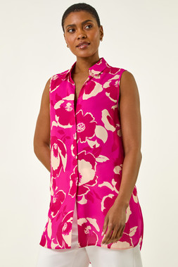 Roman Pink Floral Print Longline Button Blouse