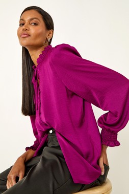 Roman Ruffle Front Tie Neck Blouse