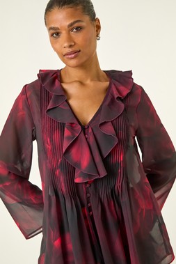 Red Printed Frill Front Blouse