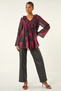 Roman Red Printed Frill Front Blouse
