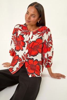 Roman Petite Red Floral Buttoned Blouse
