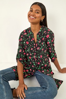 Roman Red Rose Print Longline Buttoned Blouse