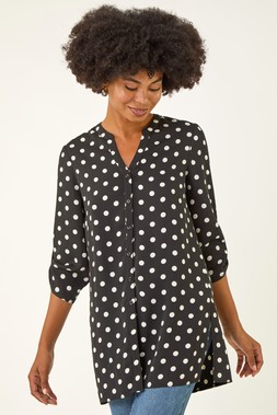 Roman Black Spot Print Longline Buttoned Blouse