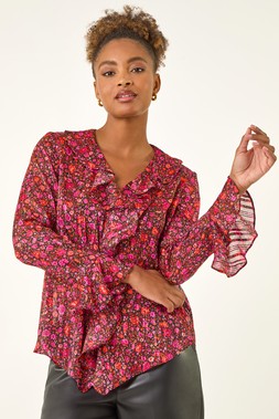 Roman Pink Floral Frill Metallic Blouse