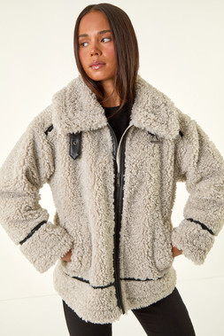 Roman Petite Stone Borg Contrast Aviator Coat