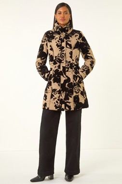 Roman Cream Floral Flock Detail Padded Coat