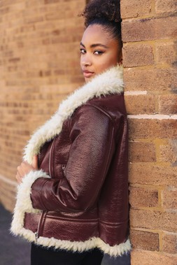 Roman Burgundy Contrast Faux Leather Aviator Coat