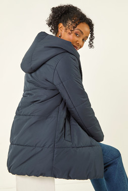 Roman Petite Navy Hooded Quilted Puffer Coat