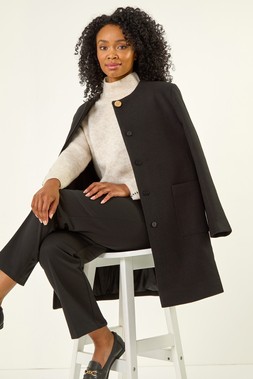 Roman Petite Black Patch Pocket Buttoned Coat