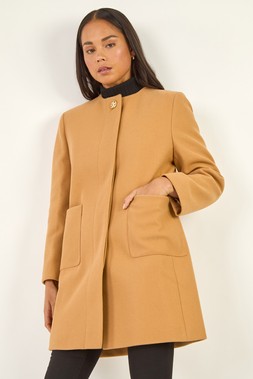 Roman Petite Camel Patch Pocket Buttoned Coat