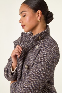 Roman Black Petite Double Breast Funnel Neck Coat