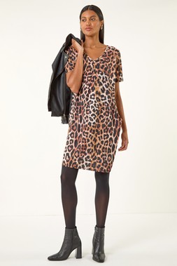Roman Brown Animal Leopard Print Stretch Shift Dress