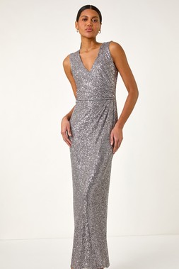 Roman Grey Sequin Side Twist Wrap Maxi Dress