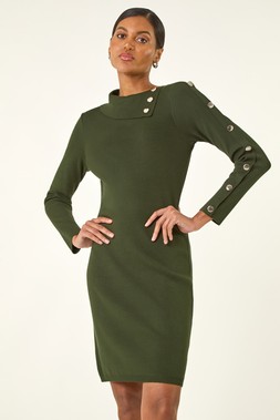 Roman Dark Green Button Detail Roll Neck Jumper Dress