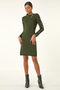 Roman Dark Green Button Detail Roll Neck Jumper Dress
