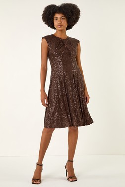 Roman Chocolate Sequin Twist Front Stretch Dress