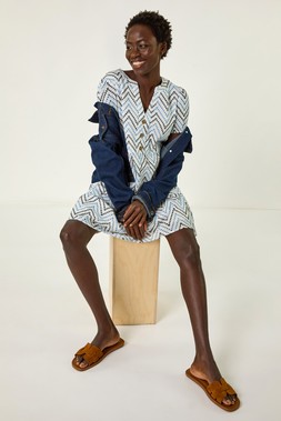 Roman Blue Zig Zag Embroidered Tunic Dress