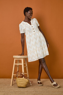 Roman Cream Zig-Zag Embroidered Cotton Tunic Dress