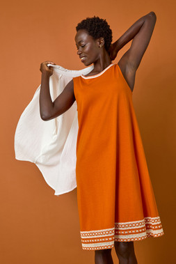 Roman Dark Orange Embroidered Trim Stretch Dress