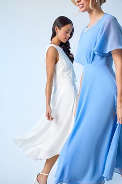 Roman Petite Lace Top Overlay Midi Dress & Petite Trim Neck Short Sleeve Dress
