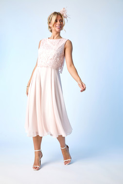Roman Petite Light Pink Chiffon Overlay Lace Midi Dress & Roman Light Pink Fascinator Clip Headband