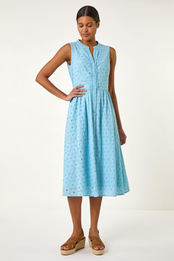 Roman Light Blue Cotton Broderie V-Neck Midi Dress