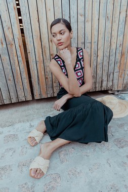 Roman Coral Sleeveless Crochet Fit & Flare Midi Dress