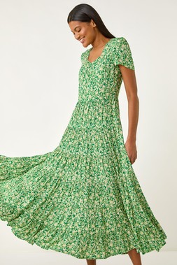 Roman Green Floral Ruched Midi Dress