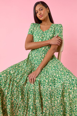 Roman Green Floral Ruched Midi Dress