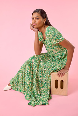 Roman Green Floral Ruched Midi Dress