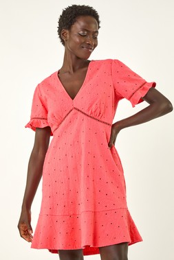 Roman Coral Embroidered Cotton Stretch Frill Dress