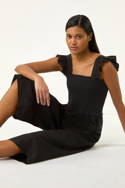 Roman Black Plain Shirred Frill Jumpsuit