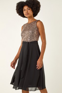 Gold Sequin Bodice Belted Chiffon Dress