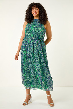 Roman Curve Turquoise Abstract Print Halter Maxi Dress