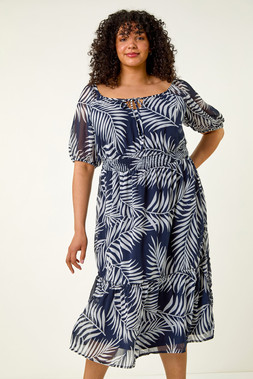 Roman Curve Navy Leaf Print Tie Neck Midi Dress