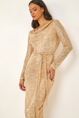 Roman Dusk Gold Sequin Cowl Pencil Dress