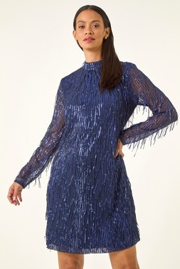 Roman Dusk Navy Blue All Over Fringe Shift Dress