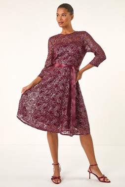 Roman Red Metallic Lace Stretch Dress