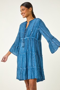 Roman Denim Shimmer Tie Detail Smock Dress
