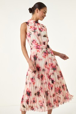 Roman Petite Red Floral Pleated Halter Neck Midi Dress