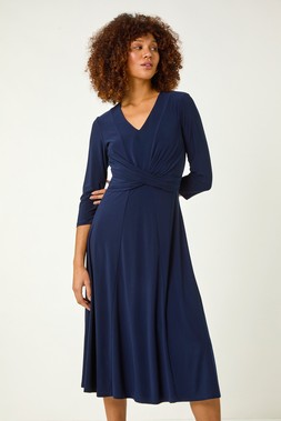 Roman Navy Stretch Crossover Midi Dress