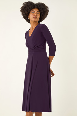 Roman Purple Stretch Crossover Midi Dress