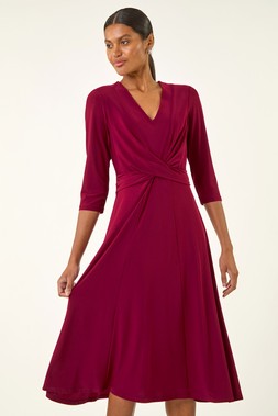 Roman Wine Stretch Crossover Midi Dress