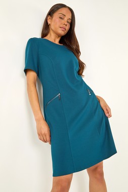 Roman Petite Teal Zip Detail Pocket Shift Dress