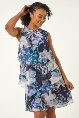 Roman Navy Abstract Floral Layer Dress