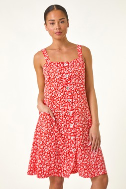 Roman Petite Red Floral Ditsy Button Dress