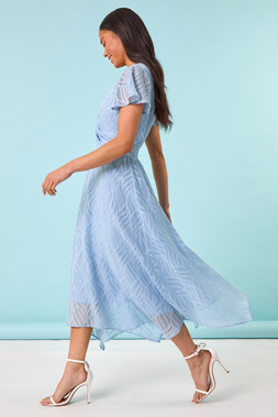 Roman Petite Blue Front Twist Jacquard Dress