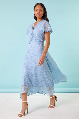 Roman Petite Blue Front Twist Jacquard Dress