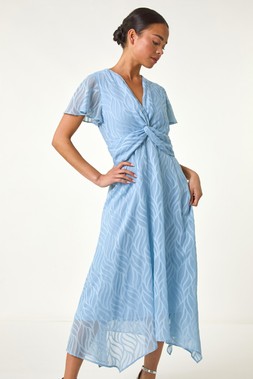 Roman Petite Blue Front Twist Jacquard Dress